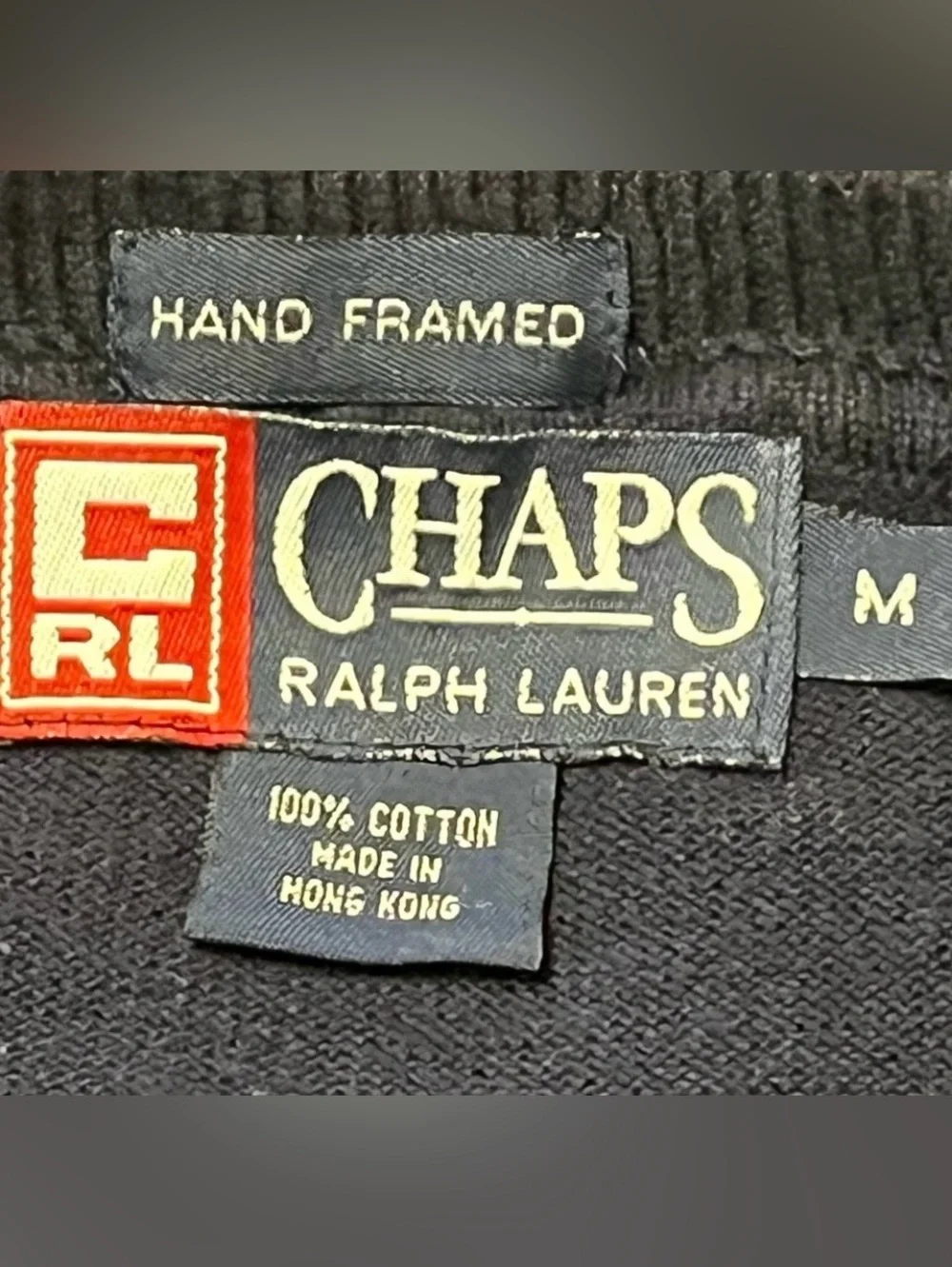 Vintage Chaps Ralph Lauren Sweater Vest M Navy Cotton Hand Framed Preppy Crest
